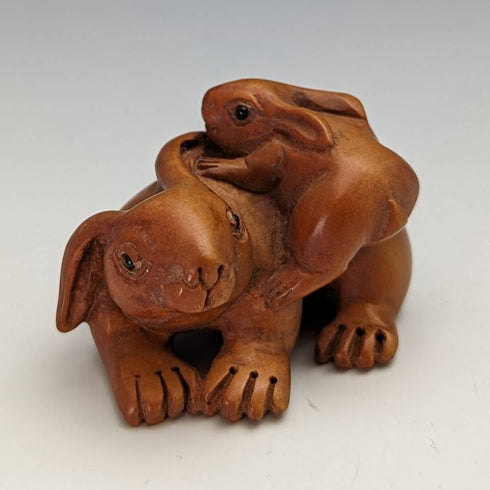 Japanese vintage rabbit parent and child wooden netsuke